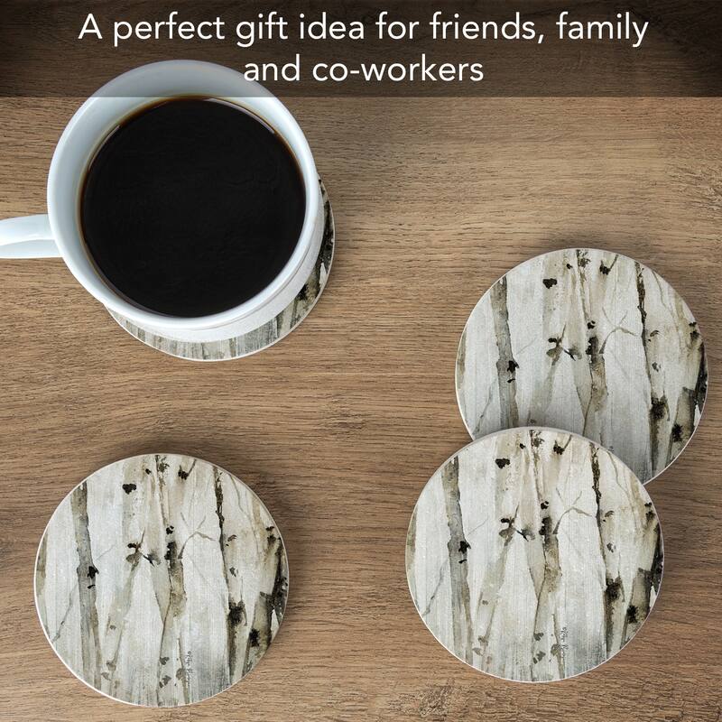Neutral Birch Trees 4 Pack Round Natural Sandstone Coasters with Protective Cork Backing Manufactured in The USA