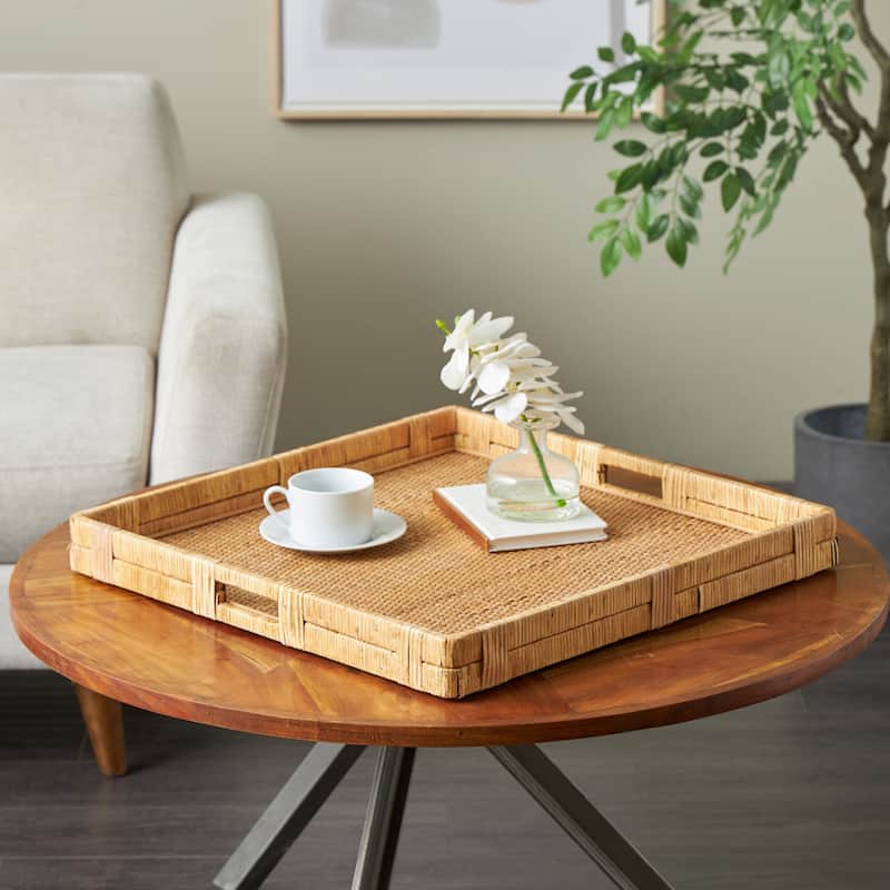 Brown Rattan Handmade Woven Living Room Decor Tray with Slot Handles - 22"W x 23"L x 3"H