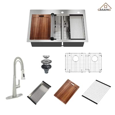 Handmade Drop-In 2-Hole 60/40 Double Bowl 18 Gauge Stainless Steel Workstation Kitchen Sink with Ledge for Sliding Accessories
