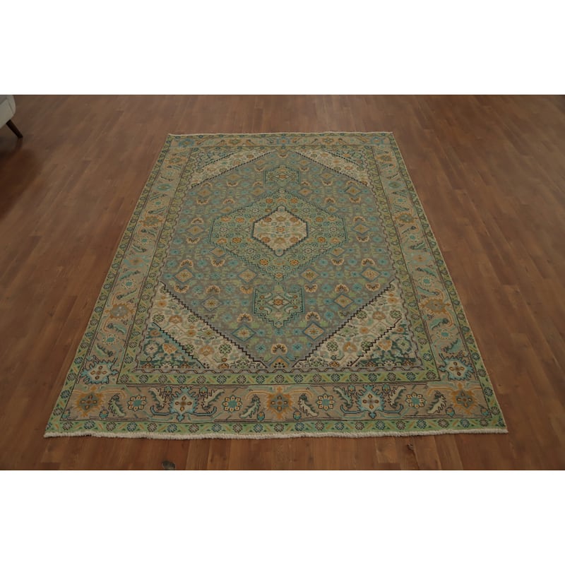 Hand Knotted Oriental 100% Wool Carpet Traditional Floral Greys & Charcoal Tabriz Area Rug - 9' 3'' X 6' 5''