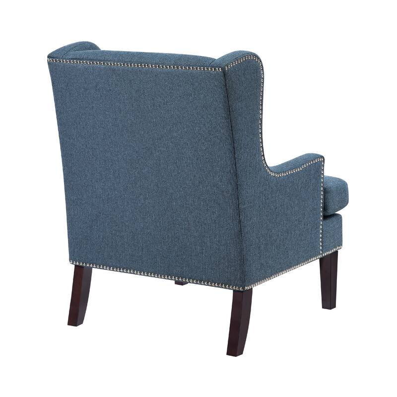 Rossana Accent Wing Armchair, Blue Polyester, Brown Wood, Nailhead
