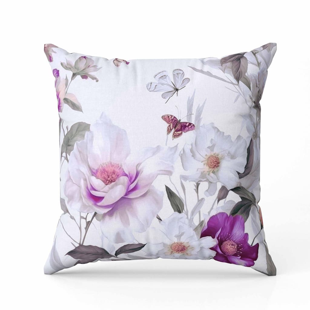 Leafy Lepidoptera Medley Faux Suede Reversible Throw Pillow White and Purple