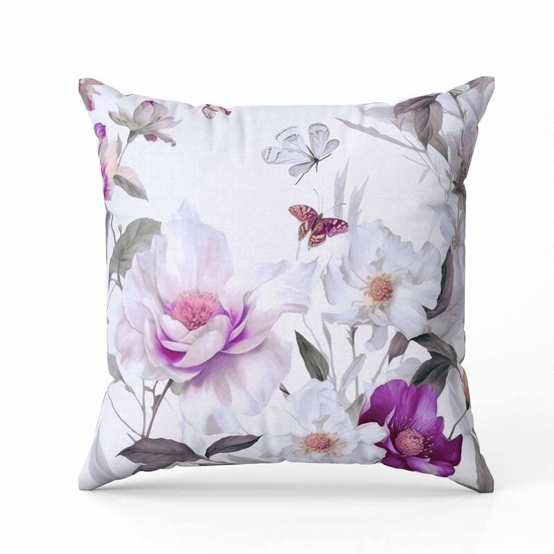 Leafy Lepidoptera Medley Faux Suede Reversible Throw Pillow White and Purple