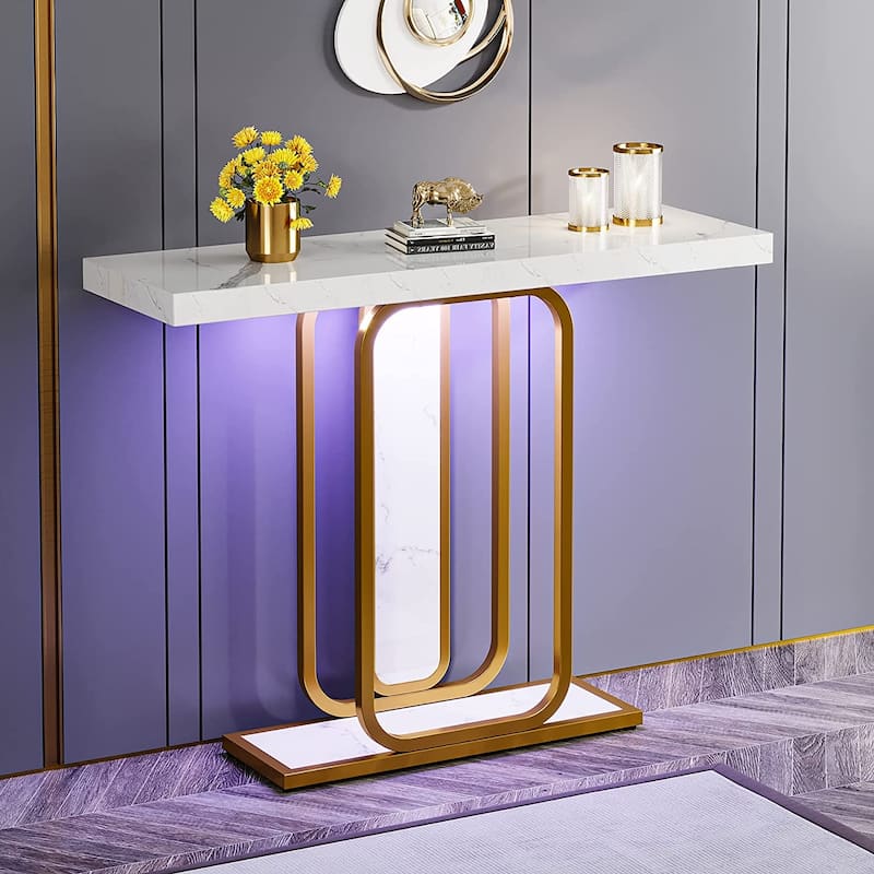 41.3" Console Table with LED Lights, Modern Gold White Entryway Hallway Accent Table - White
