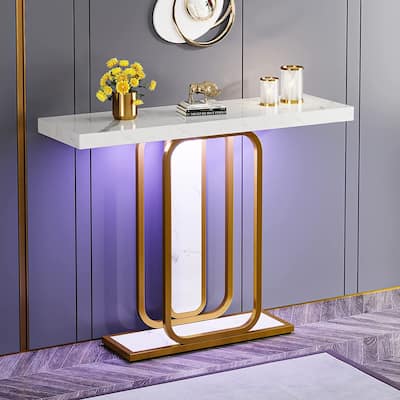 41.3" Console Table with LED Lights, Modern Gold White Entryway Hallway Accent Table