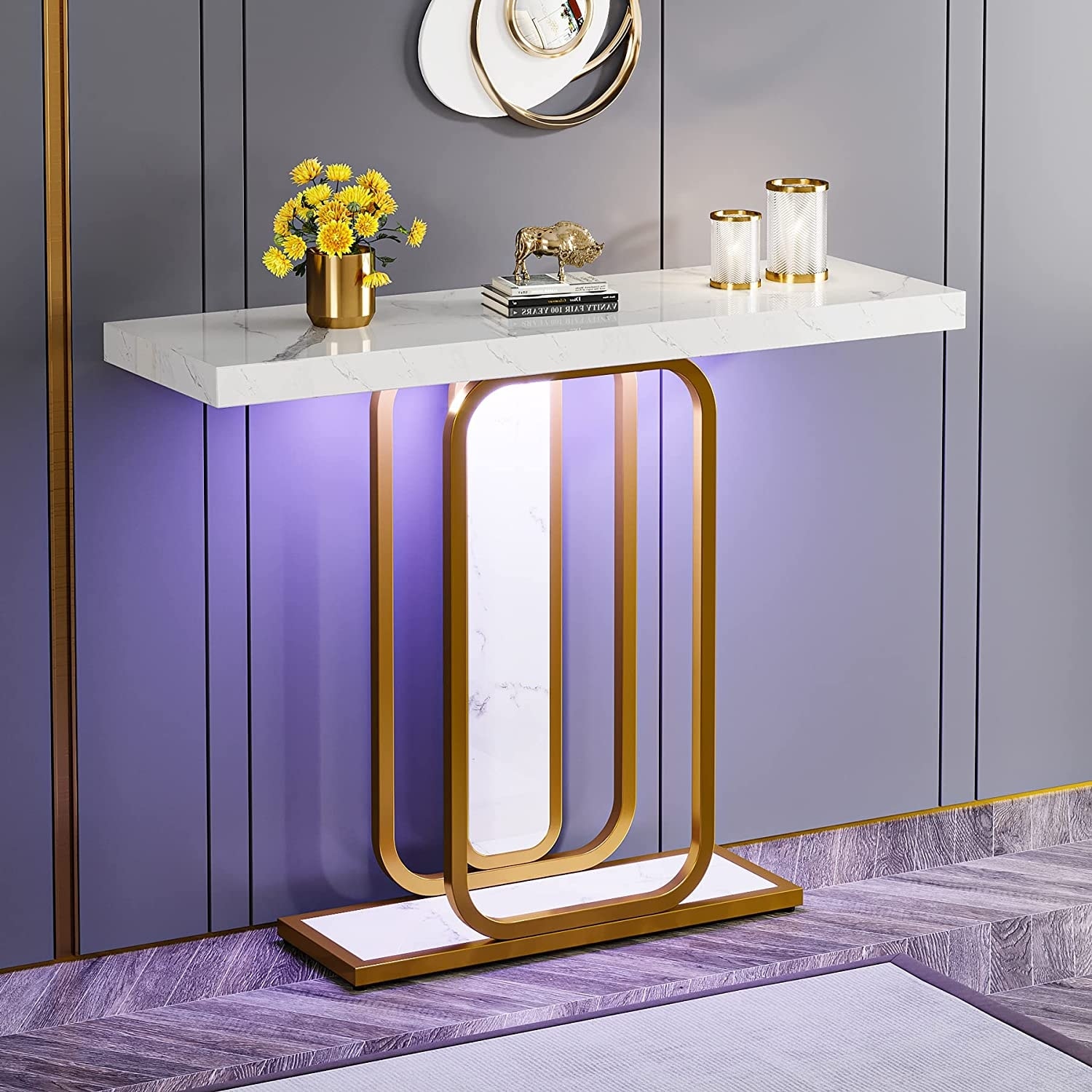 41.3" Console Table with LED Lights, Modern Gold White Entryway Hallway Accent Table