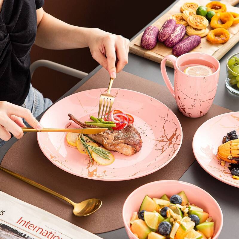 LOVECASA 16-Piece Porcelain Color Glaze with Gold Dinnerware Set