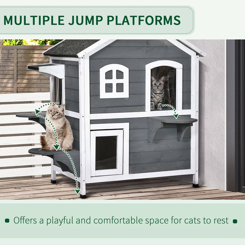 PawHut 2-story Cat House Outdoor, Weatherproof Wooden Cat Enclosure for Feral Cats with Escape Door, Openable Roof