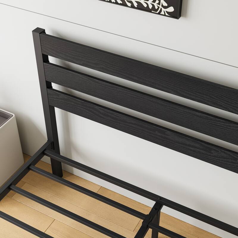 Industrial Vintage Bed Frame for Twin/Full/Queen Mattress, Strong Metal Slats, Wood Headboard, and Under-Bed Storage