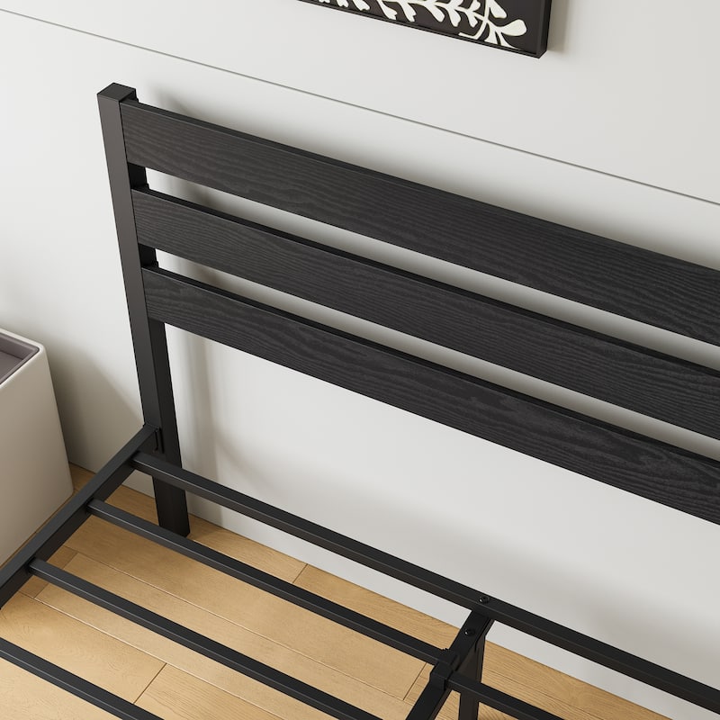 Modern Style Metal Platform Bed with Rustic Vintage Wooden Headboard for Bedroom