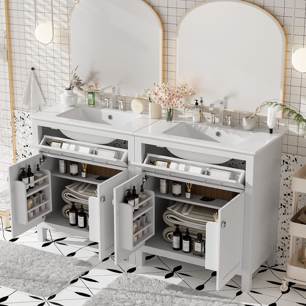 60"Bathroom Vanity Set with Double Vanities (Separate), Double Ceramic Sinks, Adjustable Shelf, Soft Close Doors and Flip Drawer