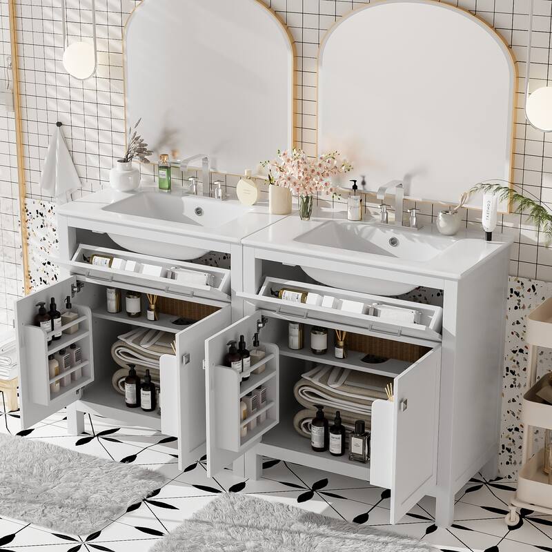 Set of 2 Vanity for Bathroom with Double Ceramic Sinks, 60" Modern Storage Cabinet with Flip-down Drawers and Door Organizers