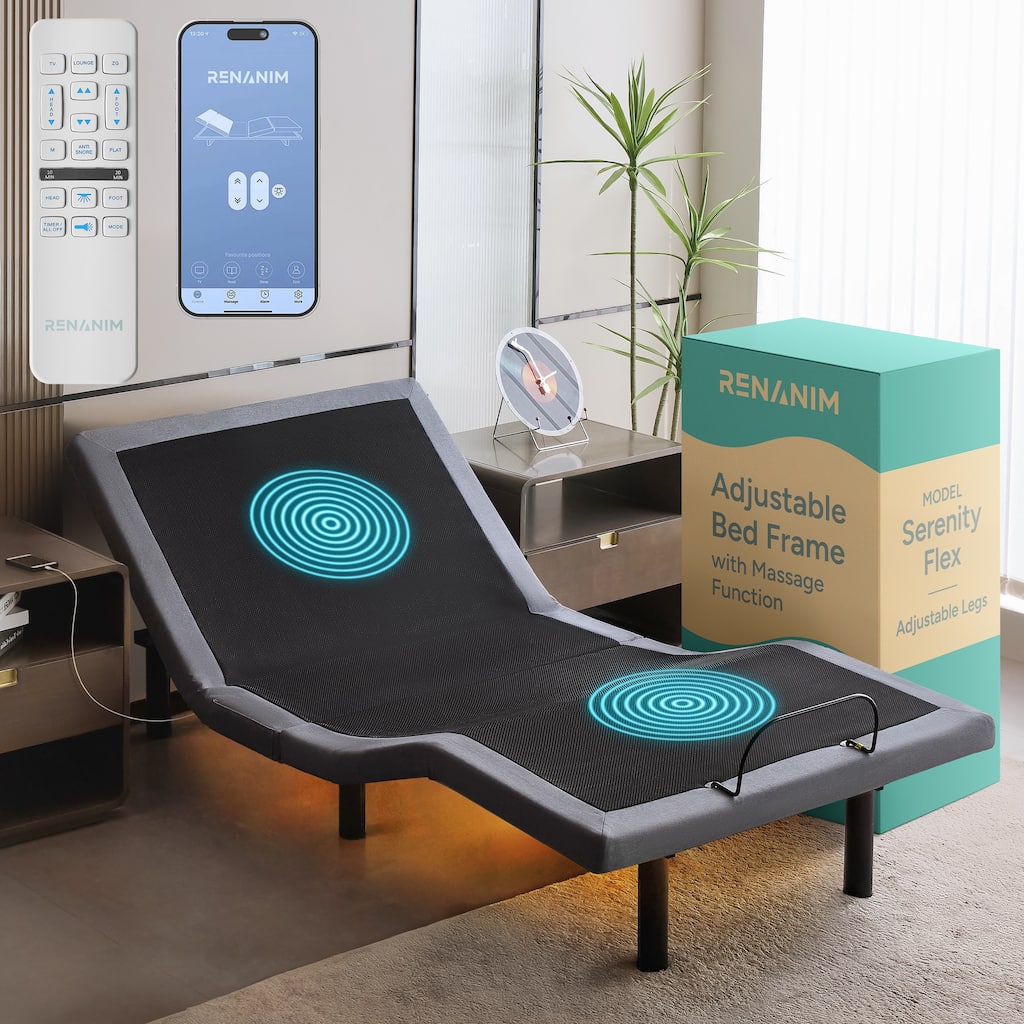 Renanim SF Adjustable Bed Frame, Dual Massage, USB, Underbed Light, App Control, Head and Foot Incline, Reclining Base