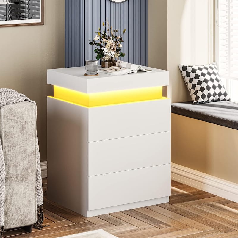 Bedroom Nightstand Charging Station LED Lights Sliding Top 3 Drawers - White