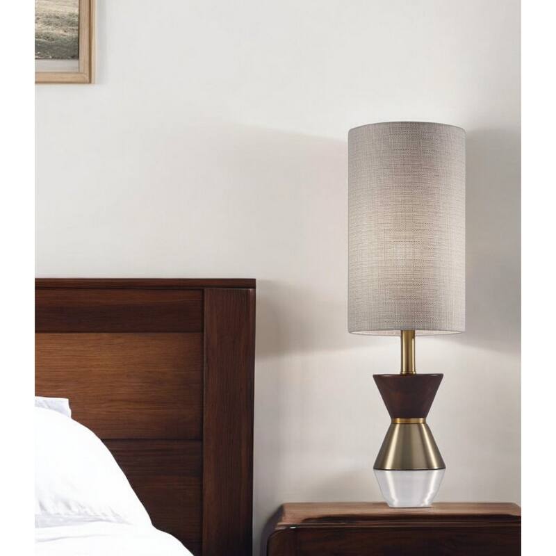 Dark Brown Walnut Wood Brass Base Mid Century Table Lamp with Beige Drum Shade - 8” x 8” x 23” (D x W x H)