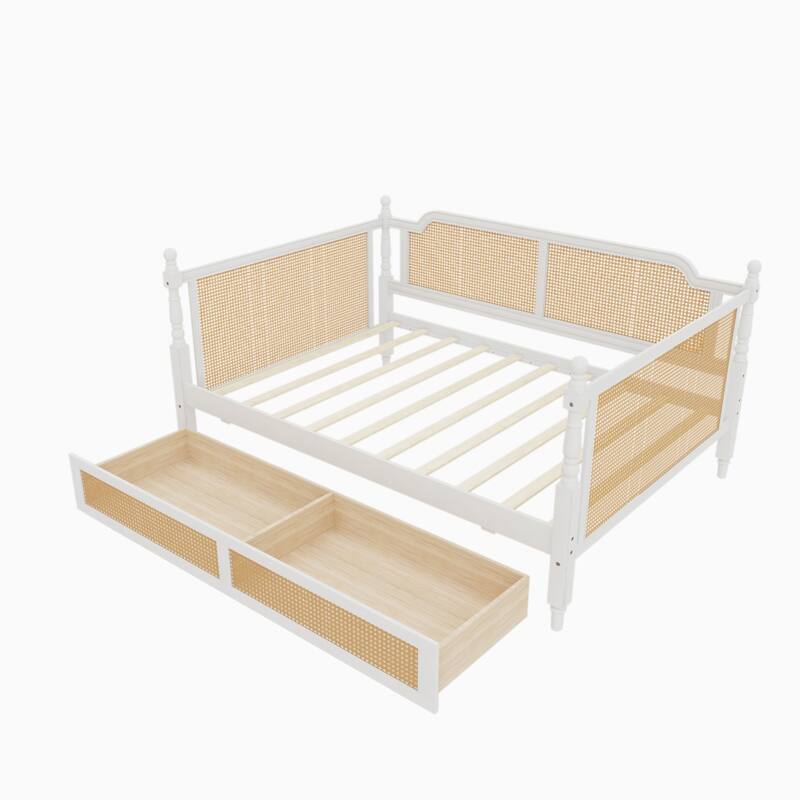 Rattan Frame Daybed with Pull-out Storage Drawers Bookcase Bed - Wooden Sofa Bed with Trundle Bed Platform Bedframe - Open Bed