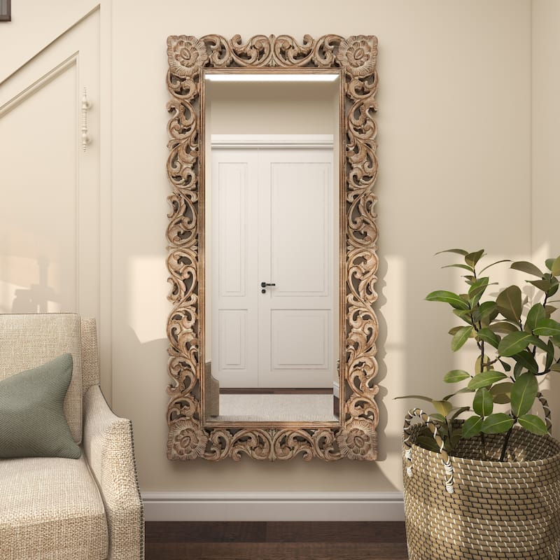 Light Brown Mango Wood Intricately Carved Floral Room Wall Mirror