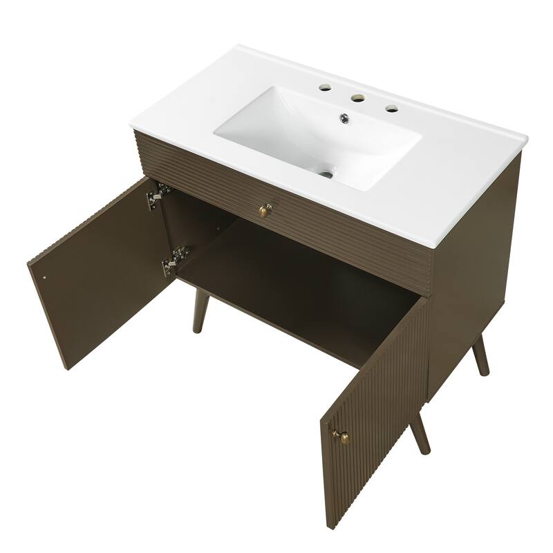 Christopher Knight Home - Modern Space Saving Striped Bathroom Vanity with Premium Ceramic Sink & Soft-Close Dual-Door Storage