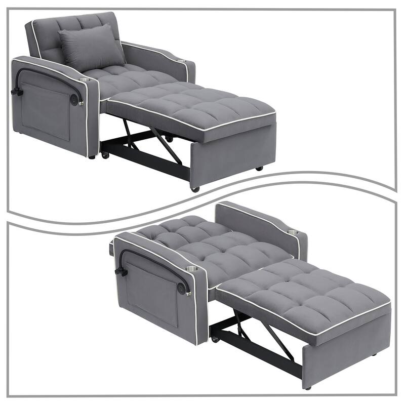Multifunctional Velvet Upholstered Convertible Storage Futon Chair with Swivel Phone Stand