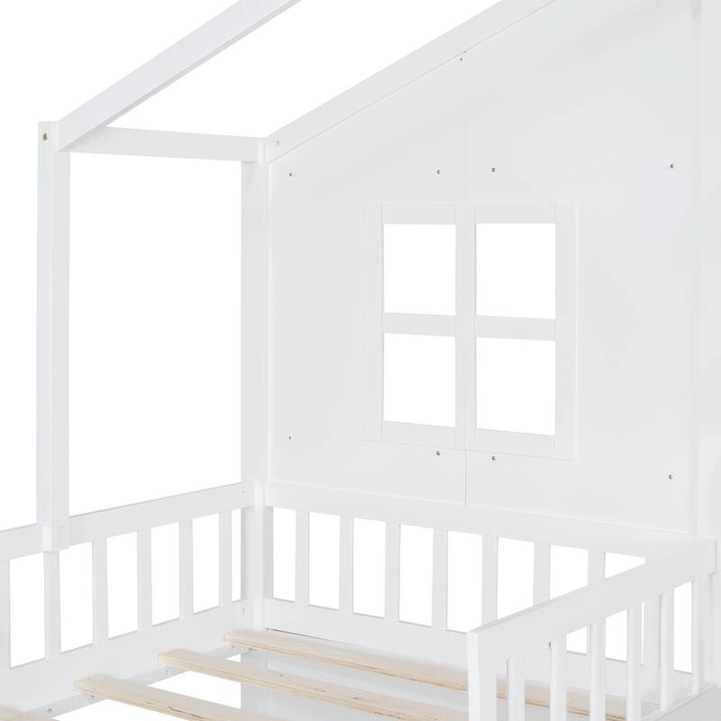 Kids Twin Size House Bed with Upholstered Sofa, Two Drawers, and Storage Shelf, White Bed Frame