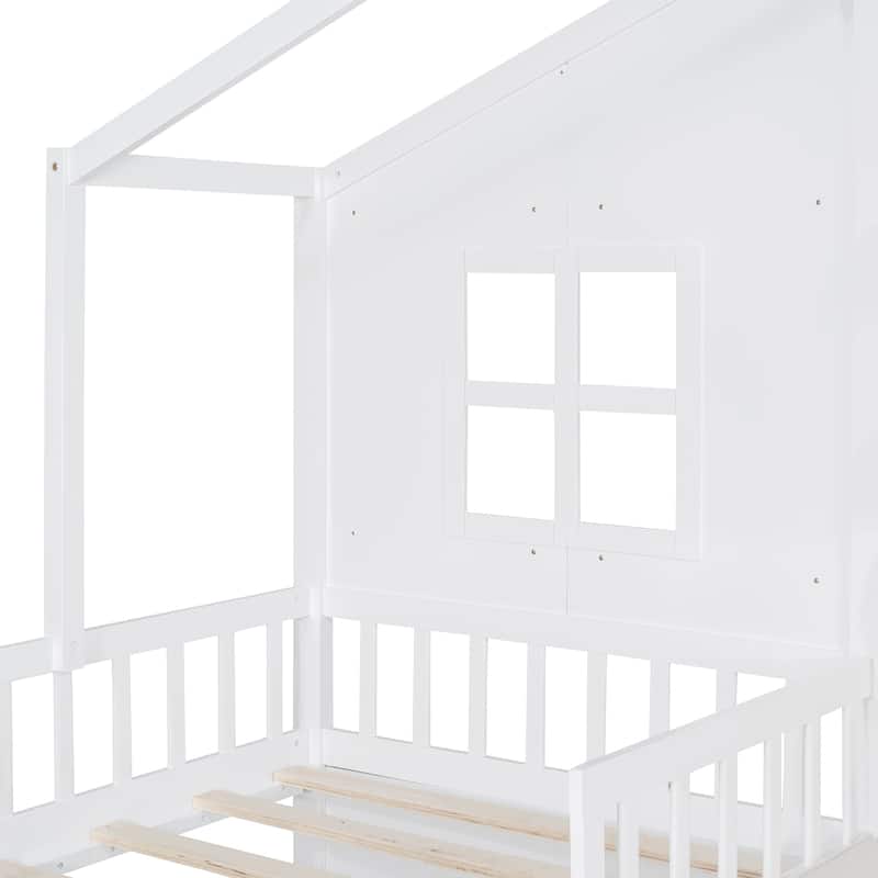 Wood House Bed Frame Side Linen Upholstered Sofa, Under Bed 2 Pull-out Storage Drawers, Pitched Roof Platform Bed