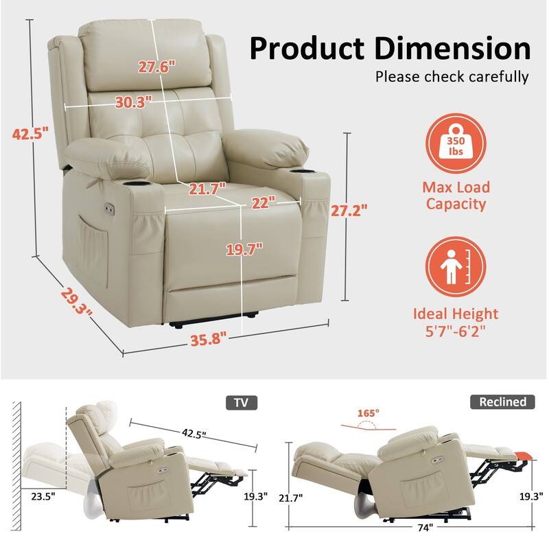 MCombo Lay Flat Dual Motor Power Lift Recliner Chair Sofa with Heat and Massage, Infinite Position, Faux Leather 7661
