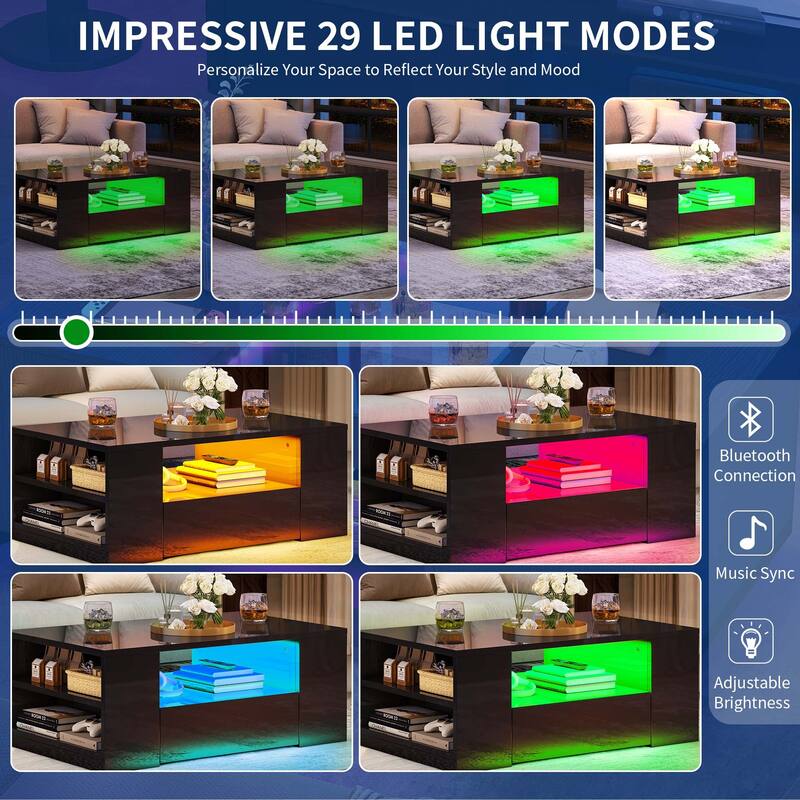 Moasis LED High Gloss Coffee Table with Open Side Shelf, Cocktail Table Center Table with 2 Drawers