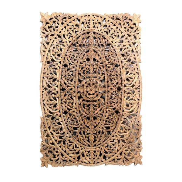 48" Brown Vintage Style Natural Finish Carved Out Wood Panel - N/A
