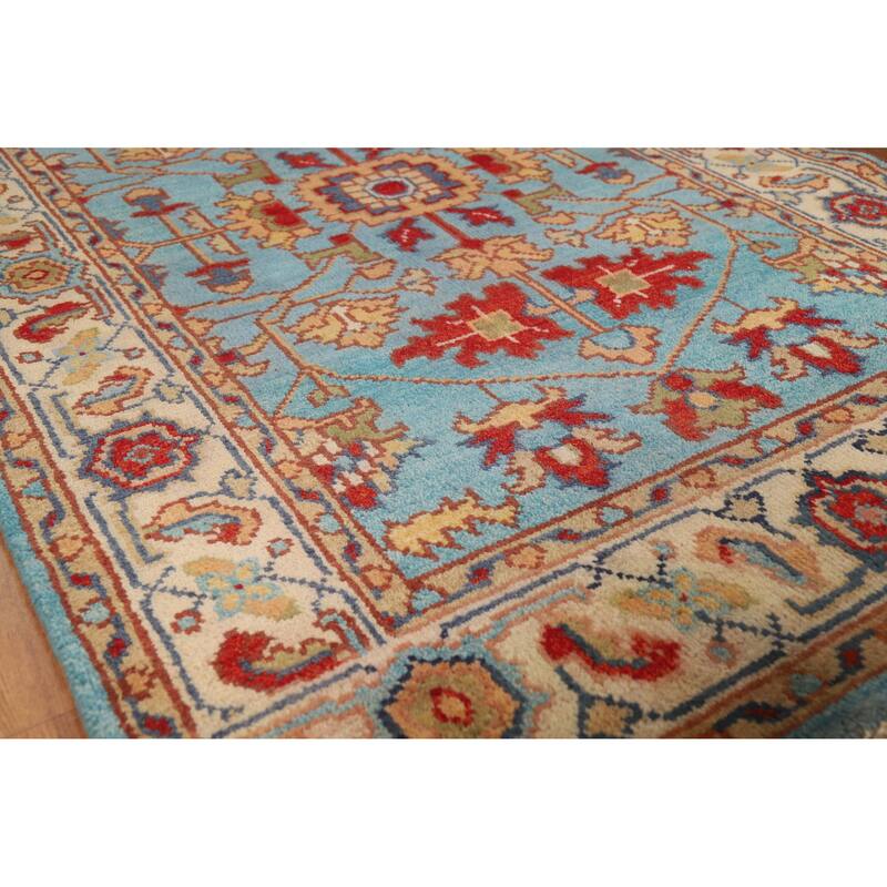 Light Blue Floral Oushak Oriental Rug Hand-Knotted Wool Carpet - 3'11" x 5'10" - 3'11" x 5'10" - Blue