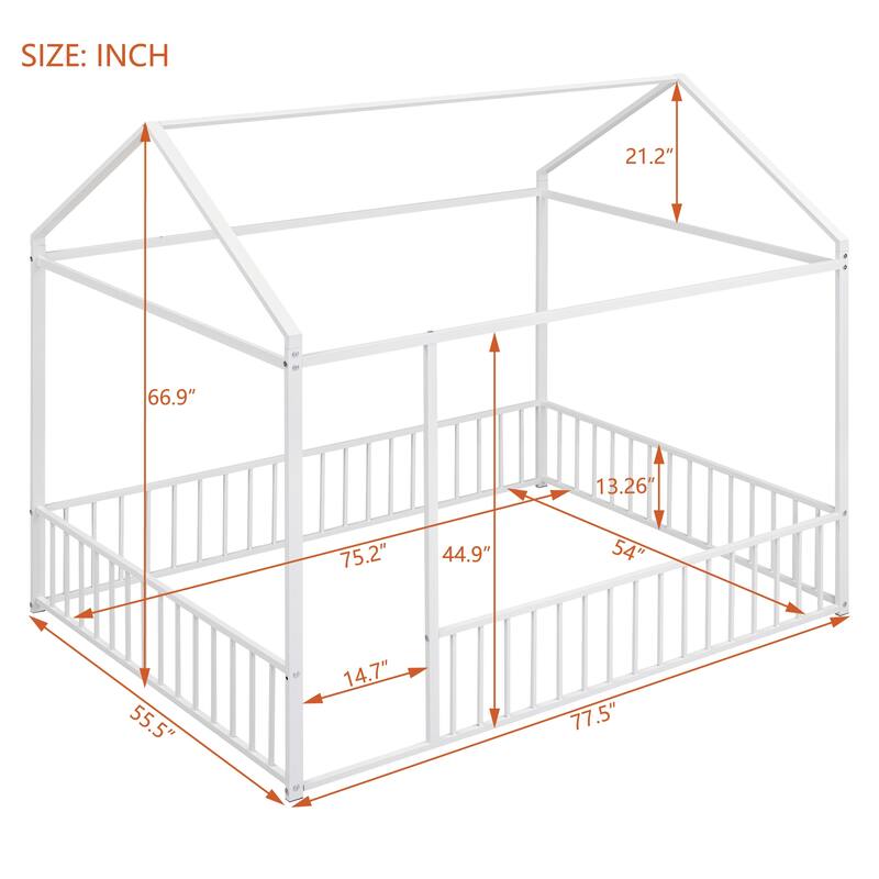 Metal Bed House Bed Frame with Fence - White  Full - Full