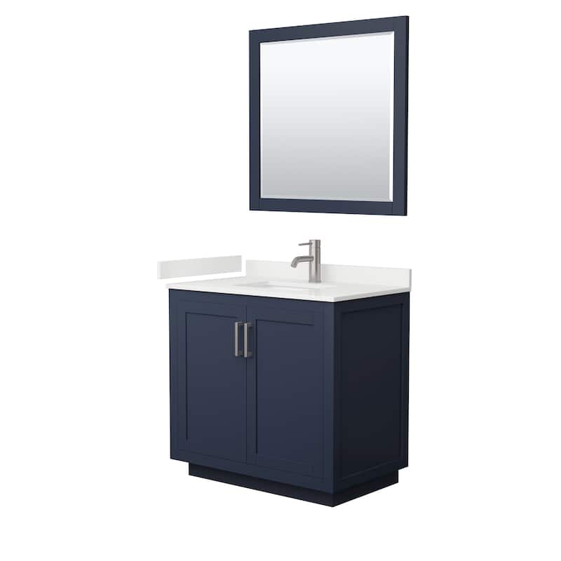 Miranda 36-inch Single Vanity, Quartz Top, 34-inch Mirror - Dark Blue, Nickel Trim, White Quartz Top