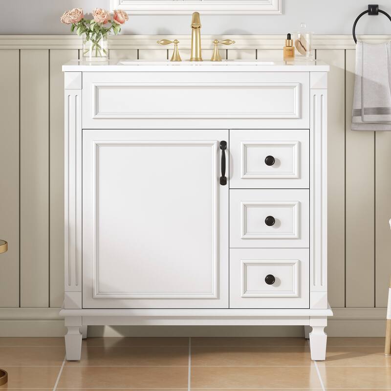 Bathroom Vanity with Ceramic Sink, Small Bathroom Storage Cabinet, Bathroom Cabinet with 2 Drawers & Adjustable Shelf