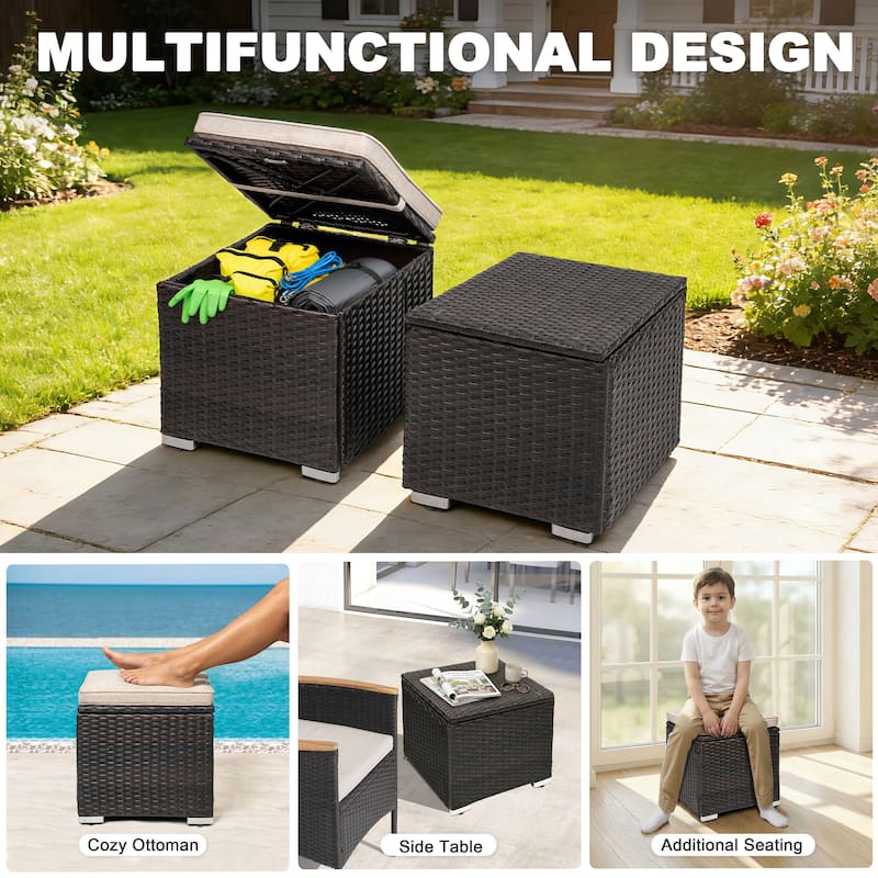 Patio 2-Piece Wicker Ottoman with Hidden Storage and Detachable Cushion