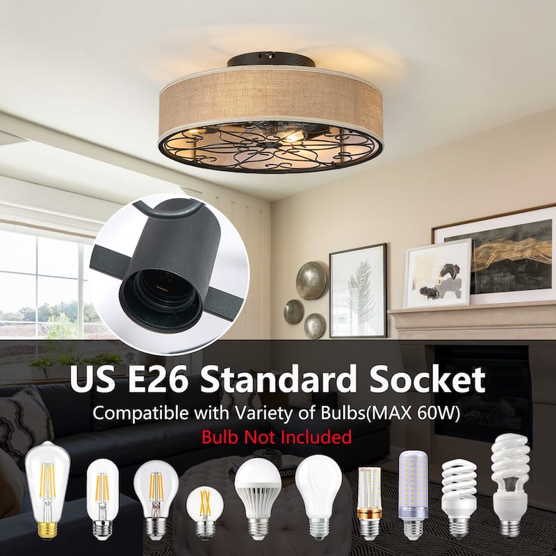 20 Inch Caged Ceiling Fans with Lights Flush Mount,Fabric Farmhouse Bladeless Ceiling Fan with Remote(Bulb Not Included) - Black