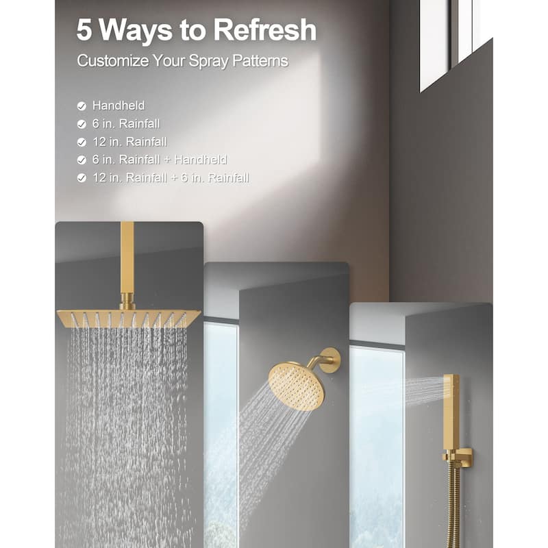 GRANDJOY Thermostatic Shower Faucet Set 12" Ceiling and 6" Wall Mount Rainfall Dual Shower Heads with Handheld Spray Combo