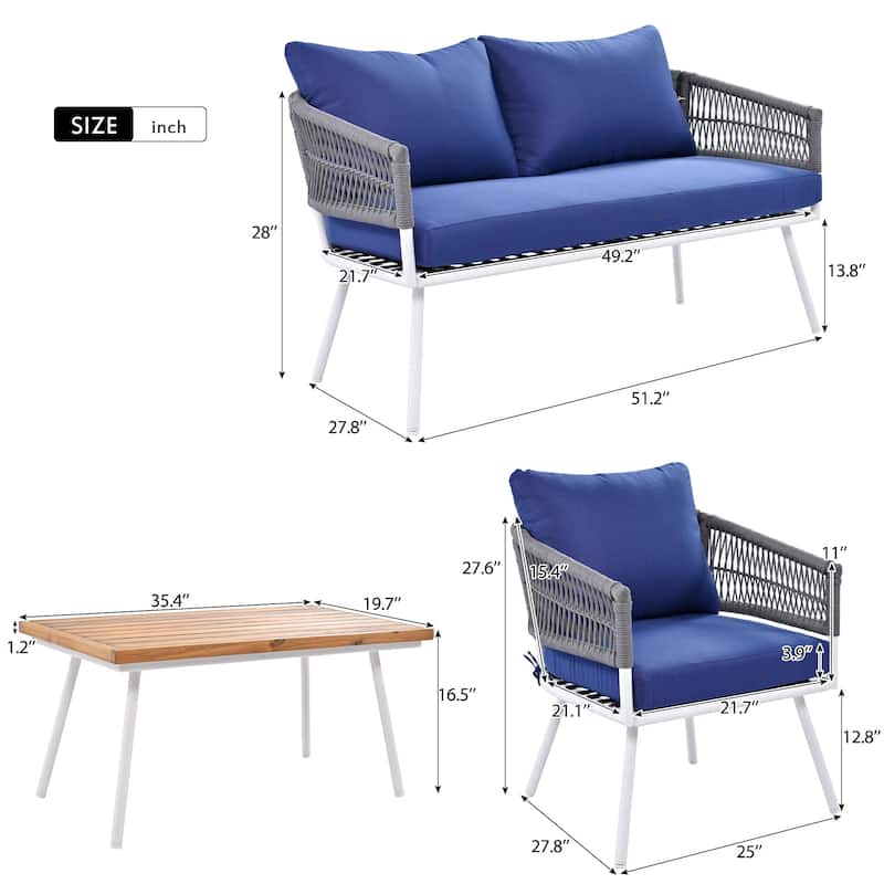 4-Piece Patio Furniture Set, Outdoor Furniture with Acacia Wood Table, Patio Conversation Set with Cushion