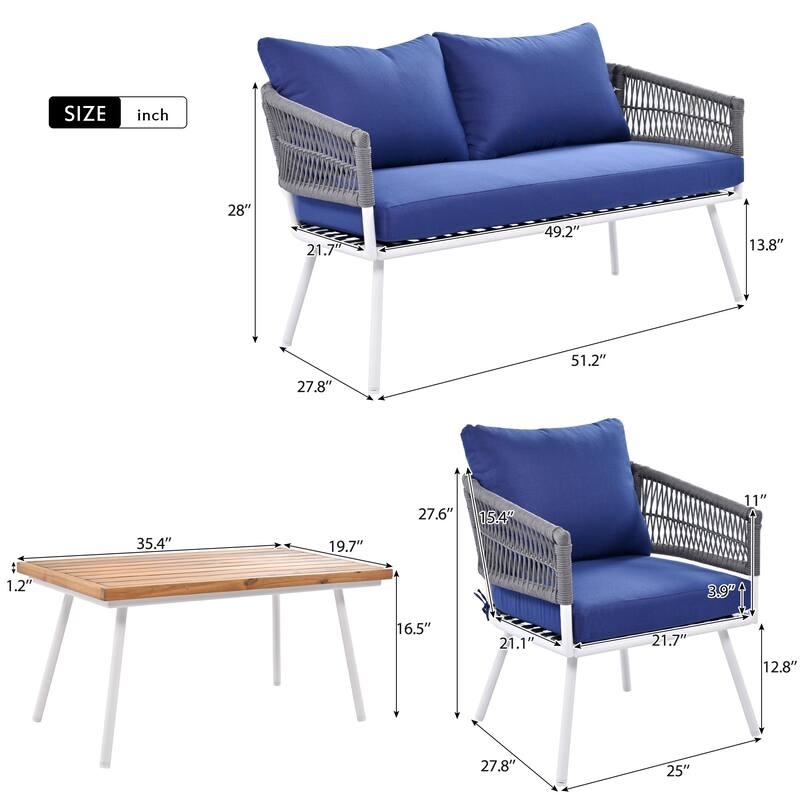 Outdoor 4-Piece Rope Conversation Sofa Set with Acacia Cool Bar Table & Armchairs