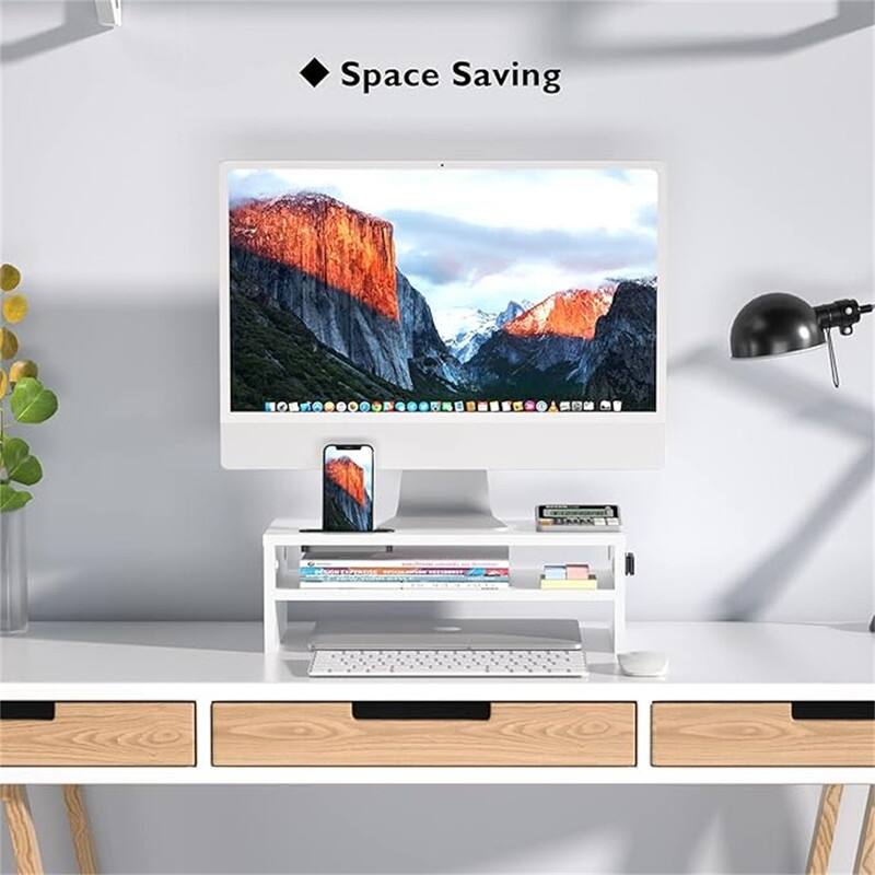 2-Tier White Wood Monitor Stand