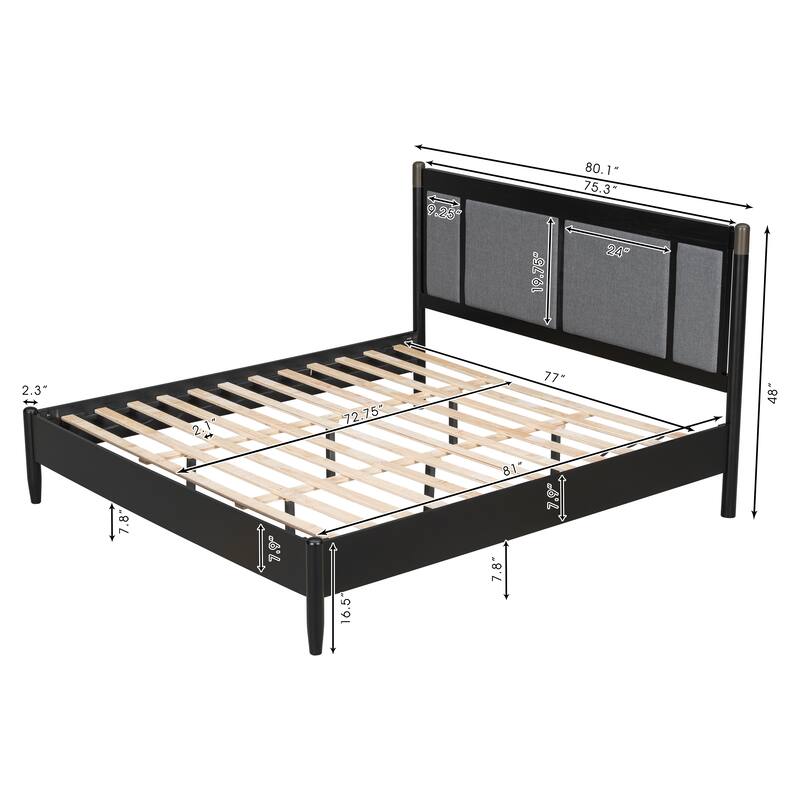 Solid Wood Platform Bed Frame, No Box Spring Needed, Upholstered Headboard Wingback Bed, Wood Slat Support