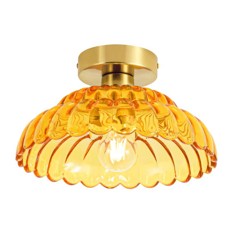 1-Light Vintage Brass Finish Metal Semi-Flush Mount Ceiling Light with Amber/Green/Grey/Clear Glass Shade for Kitchen, Hallway