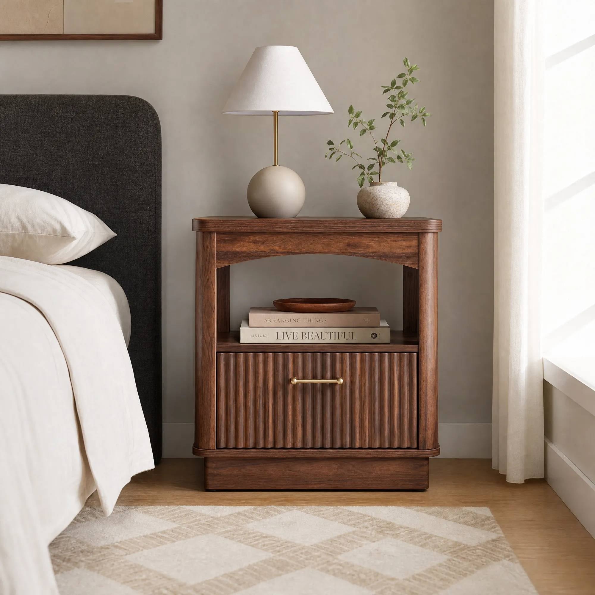 23.6" W Mid-Century Modern Nightstand with 1 Drawer and Built-In Charging Station, Bedside Table for Bed, Sofa