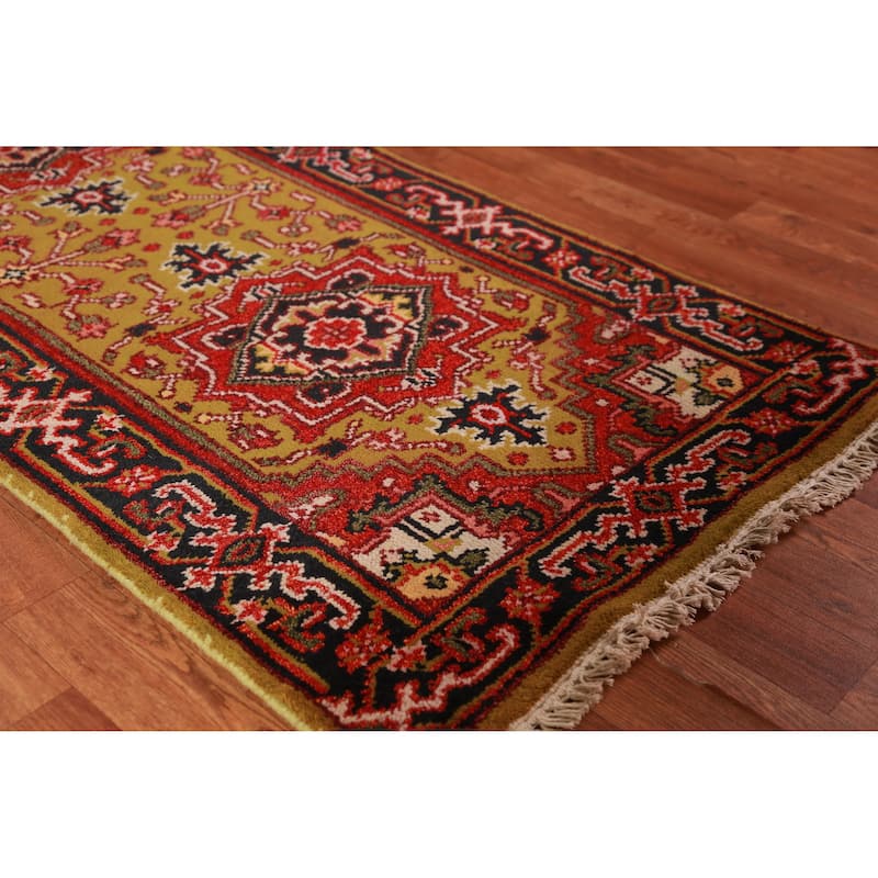 Hand Knotted Oriental 100% Wool Carpet Traditional Geometric Yellow & Gold Heriz (serapi) Runner Rug - 7' 11'' X 2' 7''
