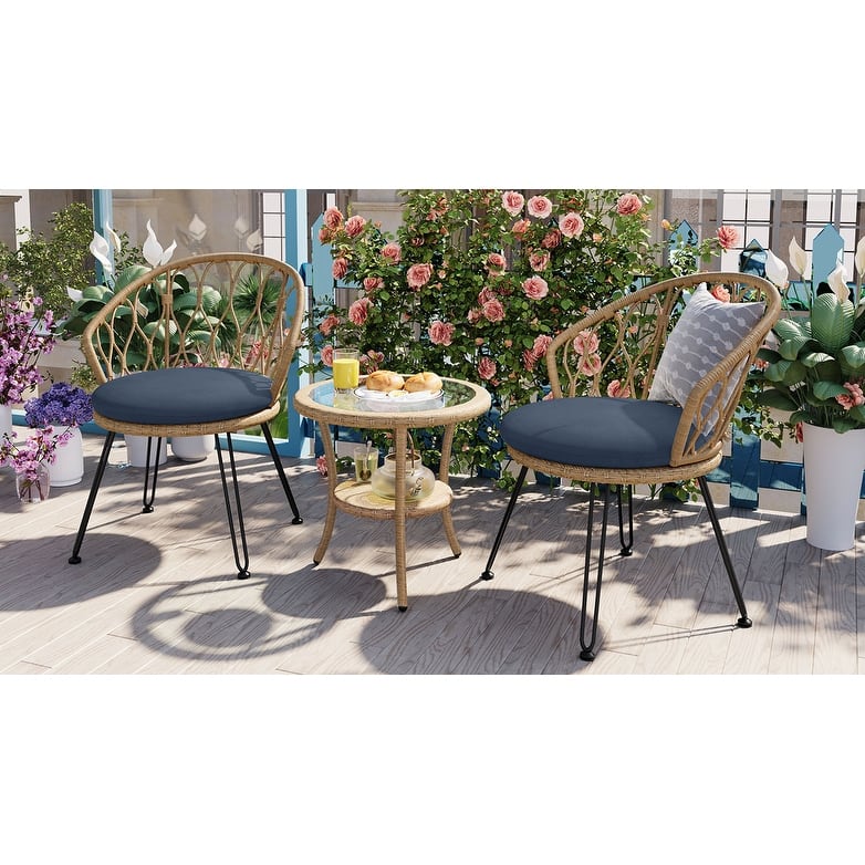 3 Pieces Rattan Bistro Set with A Glass Round Table for Patio
