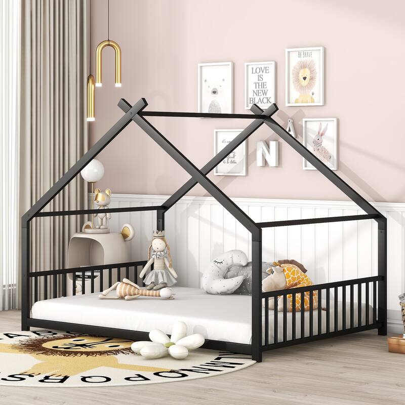 Full Size House Frame Bed Metal Construction with Roof Design No Box Spring Needed - Black