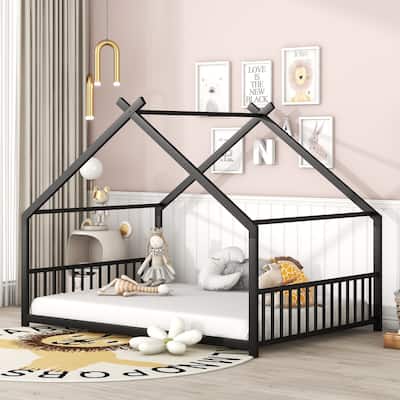 Full Size Playhouse Metal Bed for Kids, Sturdy Frame, Semi-Enclosed Design for Better Sleep, Slats Included, Easy Assembly