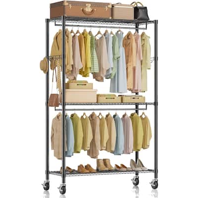 Rolling Heavy Duty Clothing Rack, 3-Shelf Portable Adjustable Wardrobe Closet with Wheels, Hanging Rods & Side Hooks