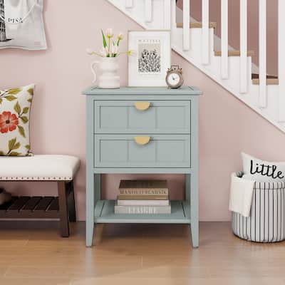 Roomfitters 2 Drawer Side Table, Wooden Nightstand End Table with Storage for Bedroom, Living Room, Light Grey