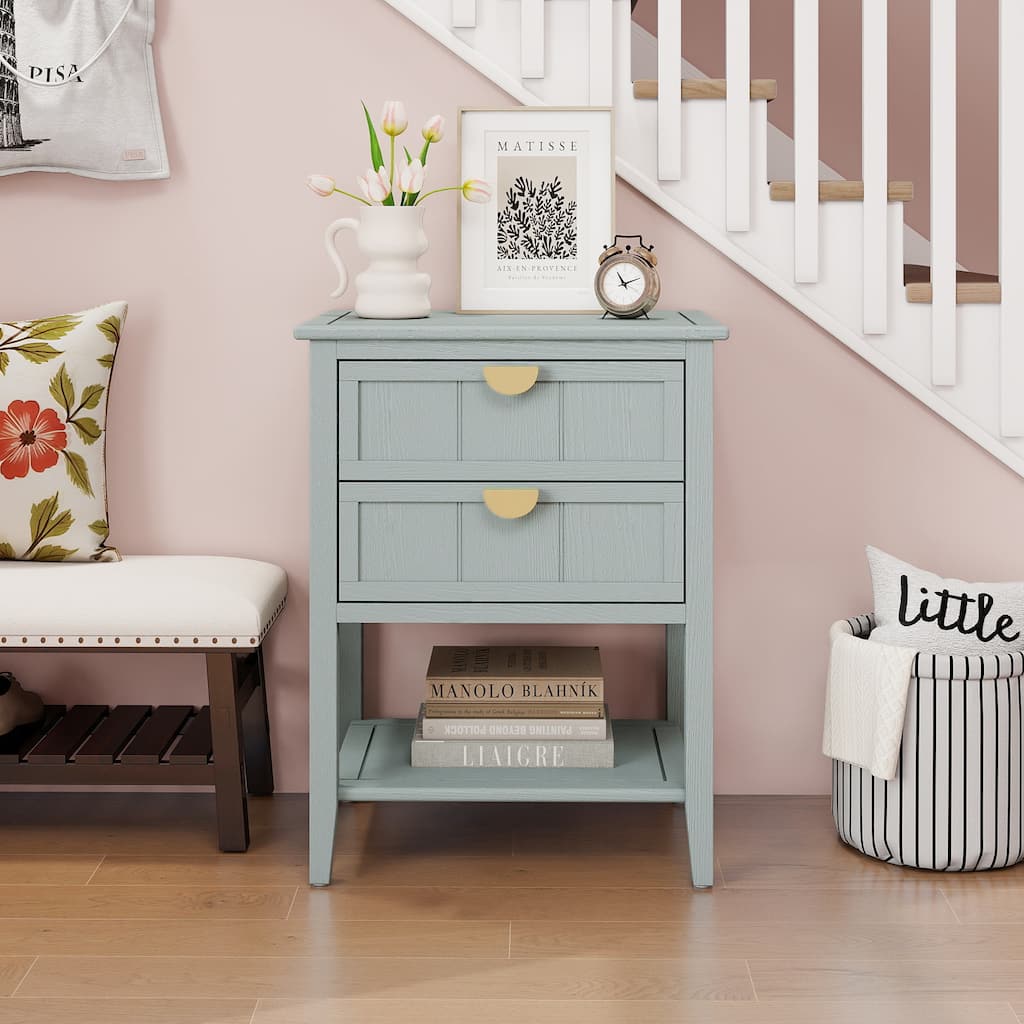 Roomfitters 2 Drawer Side Table, Wooden Nightstand End Table with Storage for Bedroom, Living Room, Light Grey