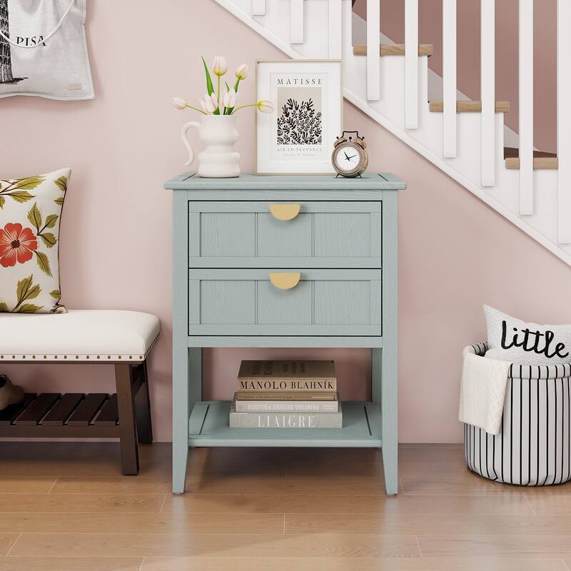 Roomfitters 2 Drawer Side Table, Wooden Nightstand End Table with Storage for Bedroom, Living Room, Light Grey