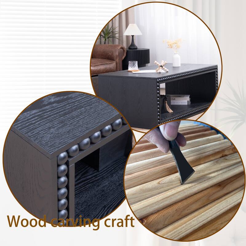 Rustic Beaded Edge Coffee Table -47.6" Rectangular Center Table with Open Storage Shelf